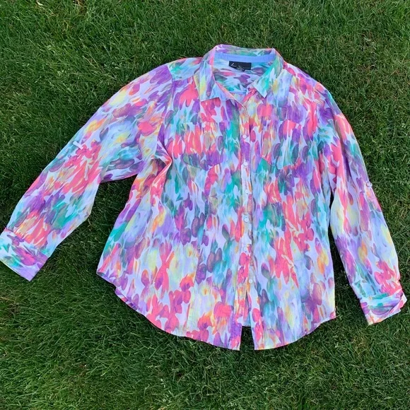 Lane Bryant cotton button down splash color blouse 14/16 - Picture 6 of 6